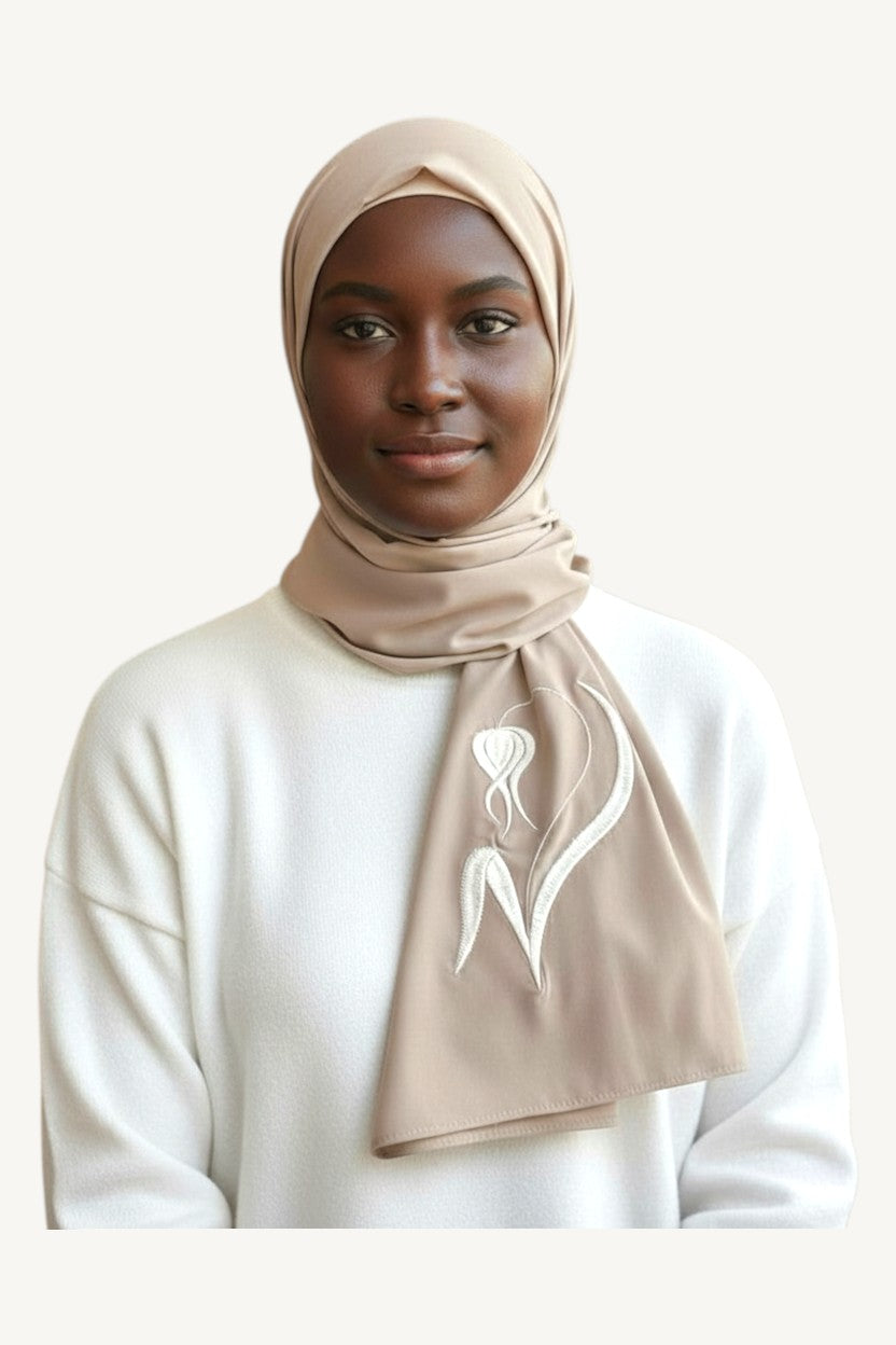 Beige hijab with humility tulip embroidery in lightweight polyester fabric