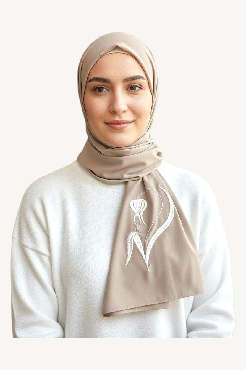 Beige hijab with humility tulip embroidery in lightweight polyester fabric