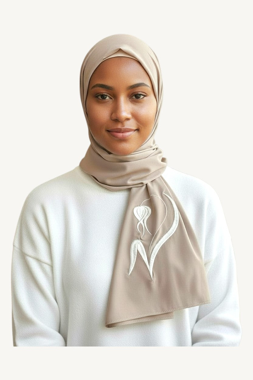 Beige hijab with humility tulip embroidery in lightweight polyester fabric