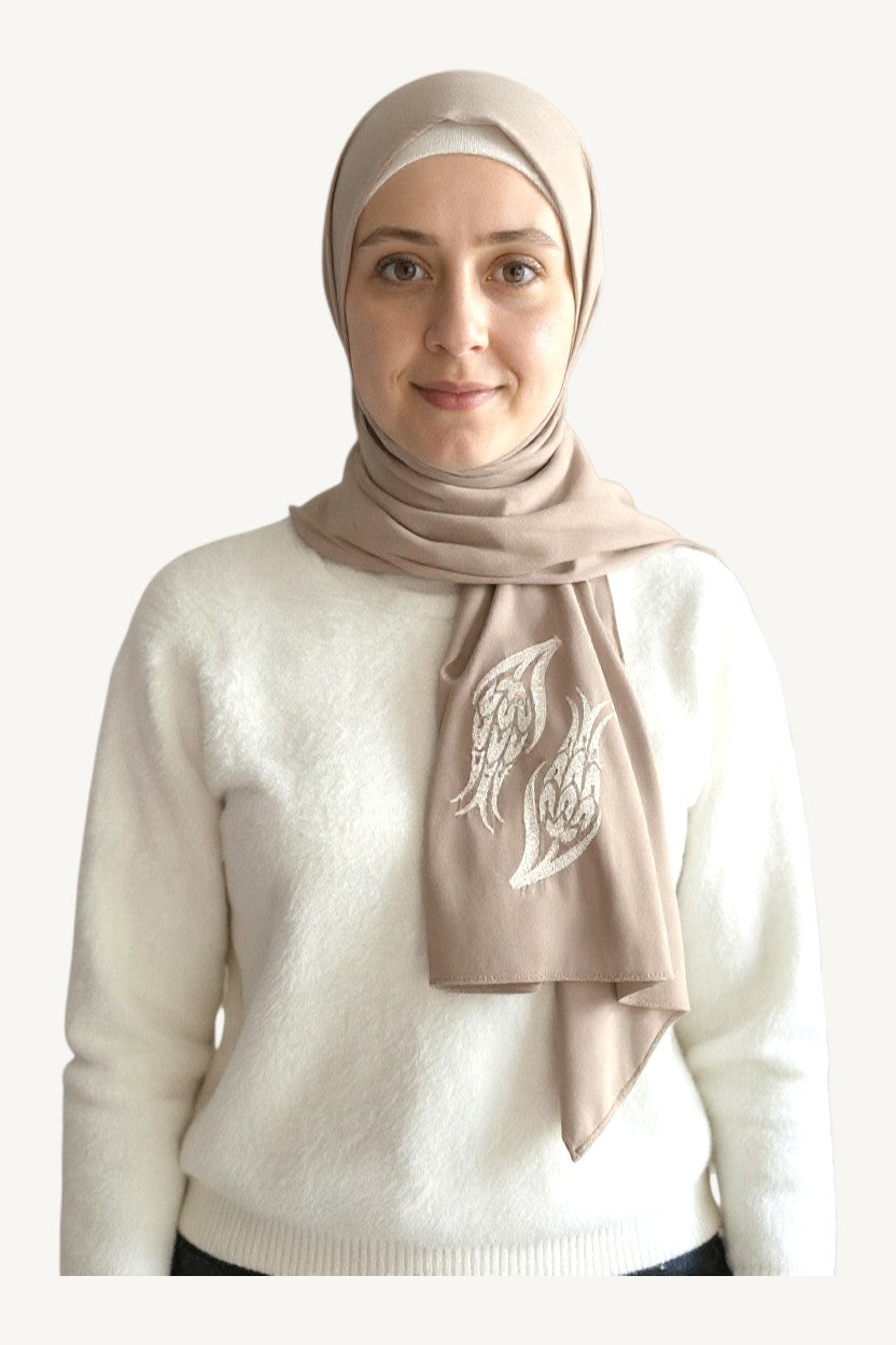 Beige hijab with iznik tulip embroidery in lightweight polyester fabric