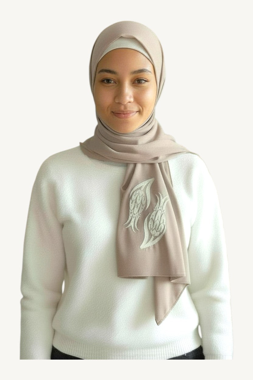 Beige hijab with iznik tulip embroidery in lightweight polyester fabric