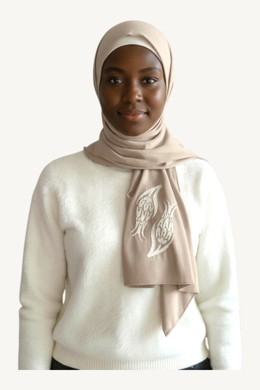 Beige hijab with iznik tulip embroidery in lightweight polyester fabric