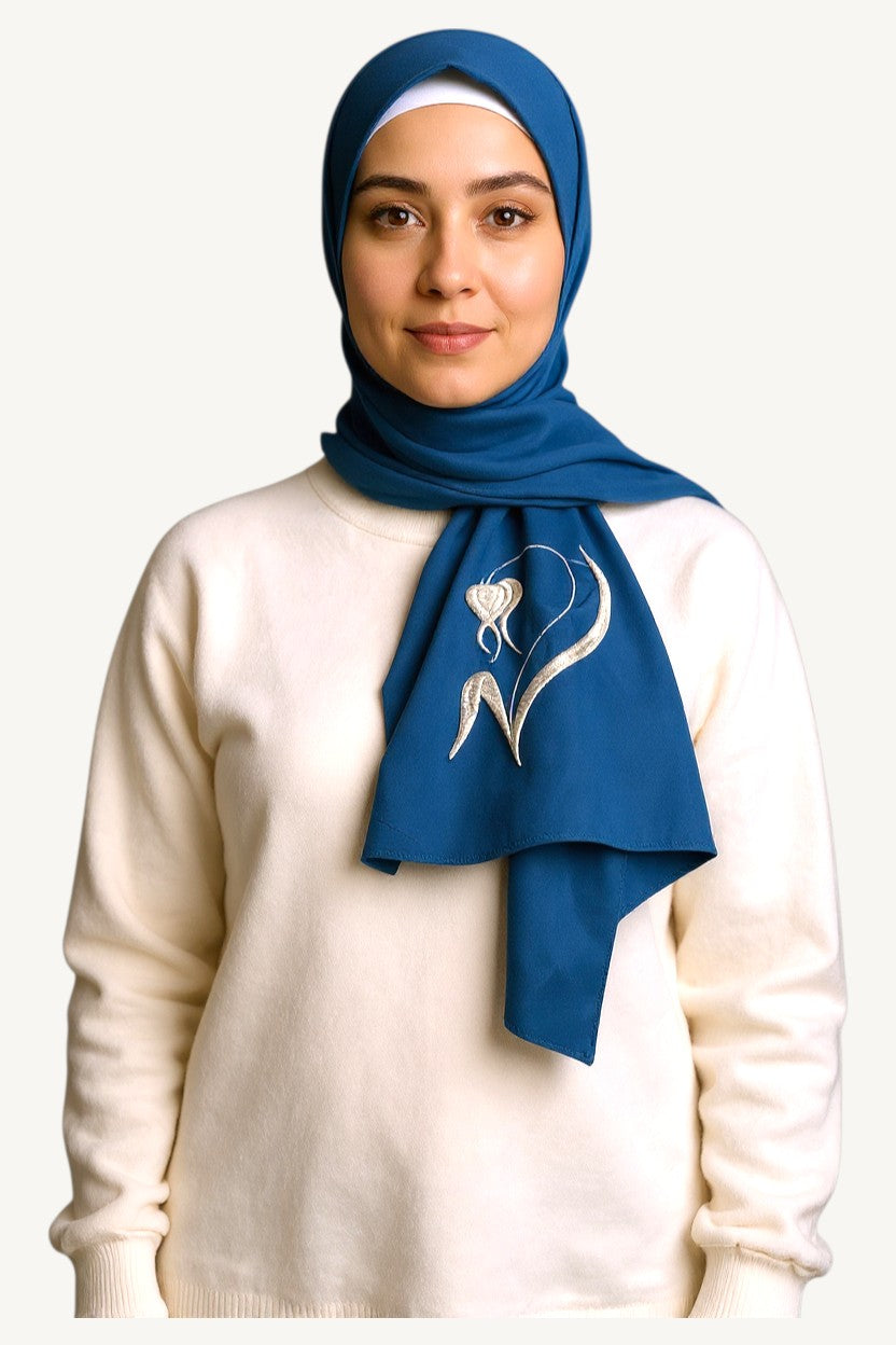 Blue hijab with humility tulip embroidery in lightweight polyester fabric