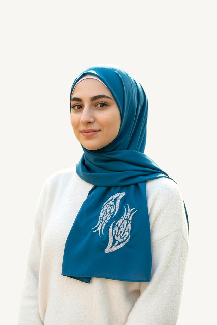 Blue hijab with iznik tulip embroidery in lightweight polyester fabric