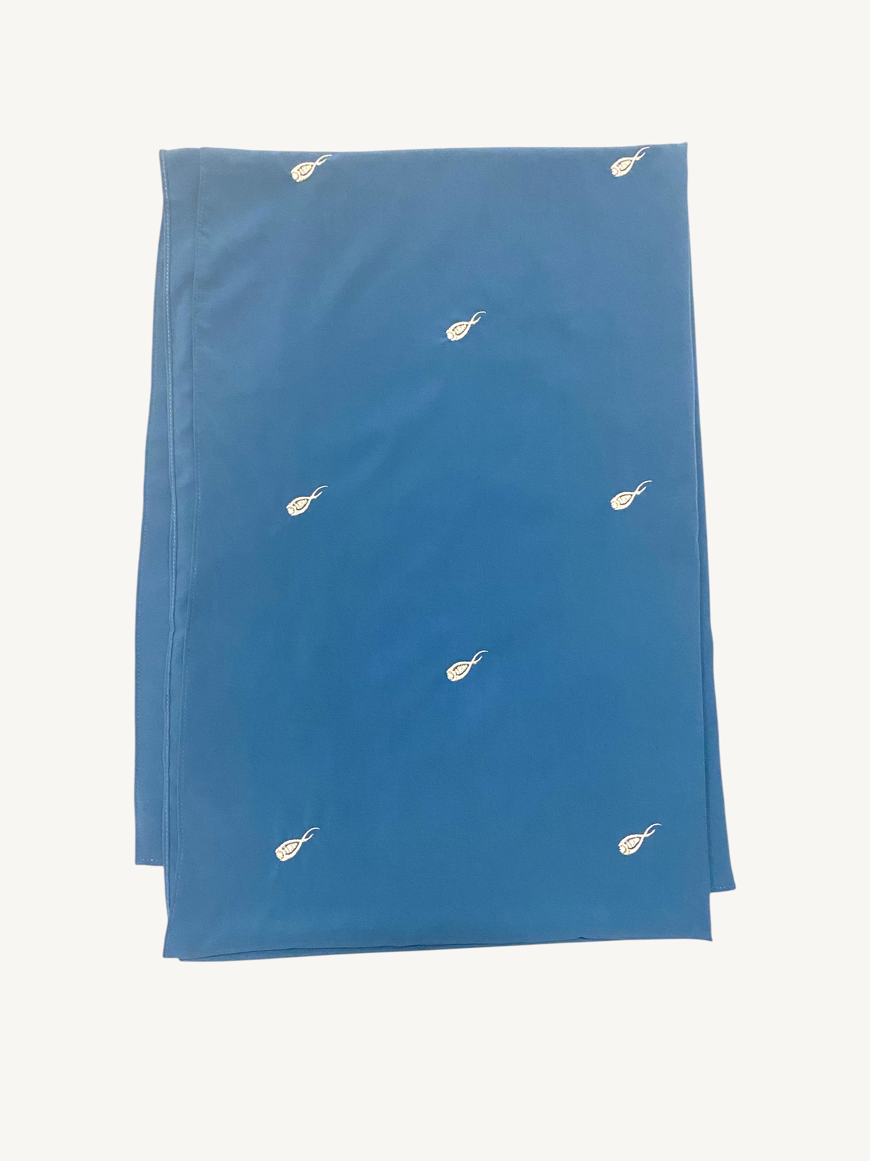 Blue hijab with repeated tulip embroidery in lightweight polyester fabric