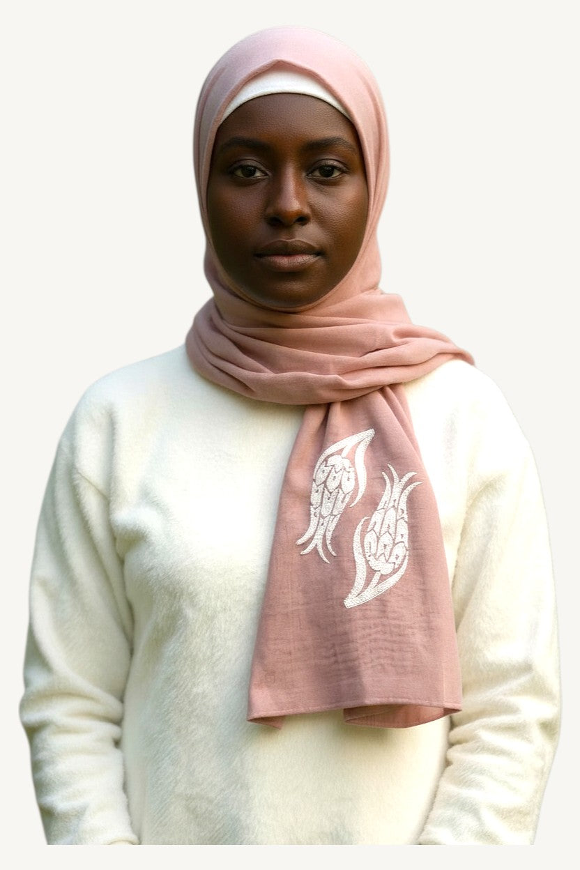 Blush pink hijab with iznik tulip embroidery in double voile fabric