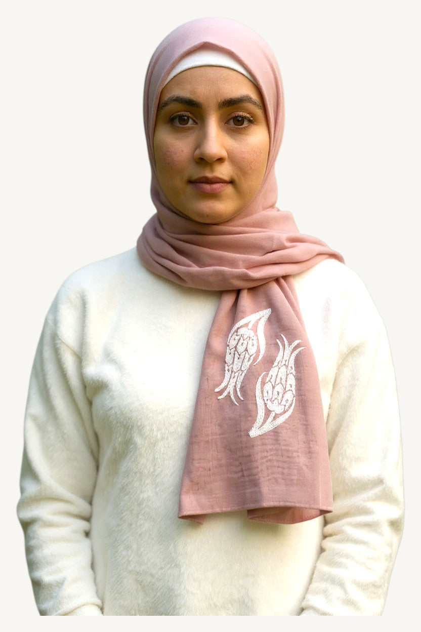 Blush pink hijab with iznik tulip embroidery in double voile fabric