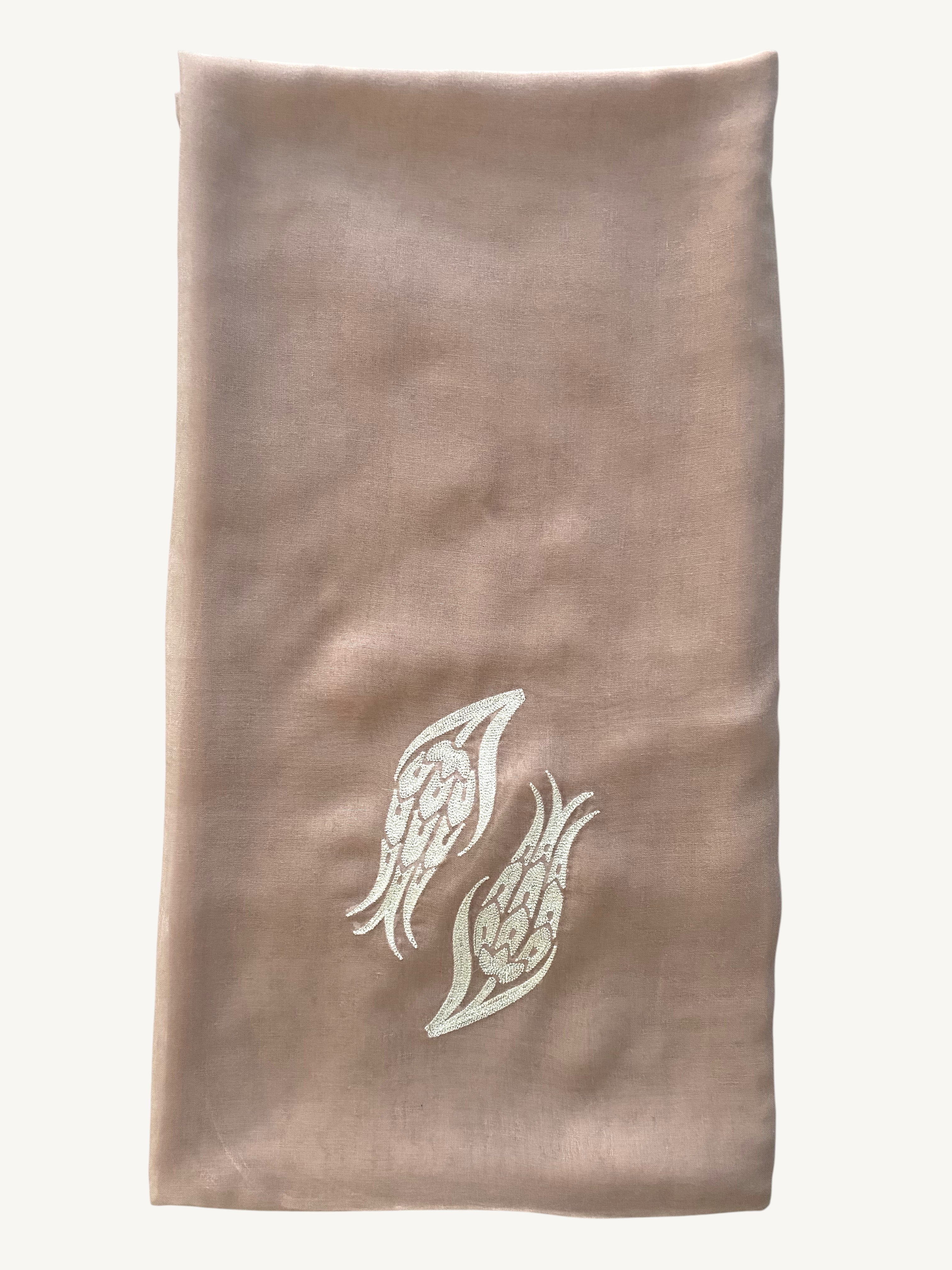 Blush pink hijab with iznik tulip embroidery in double voile fabric