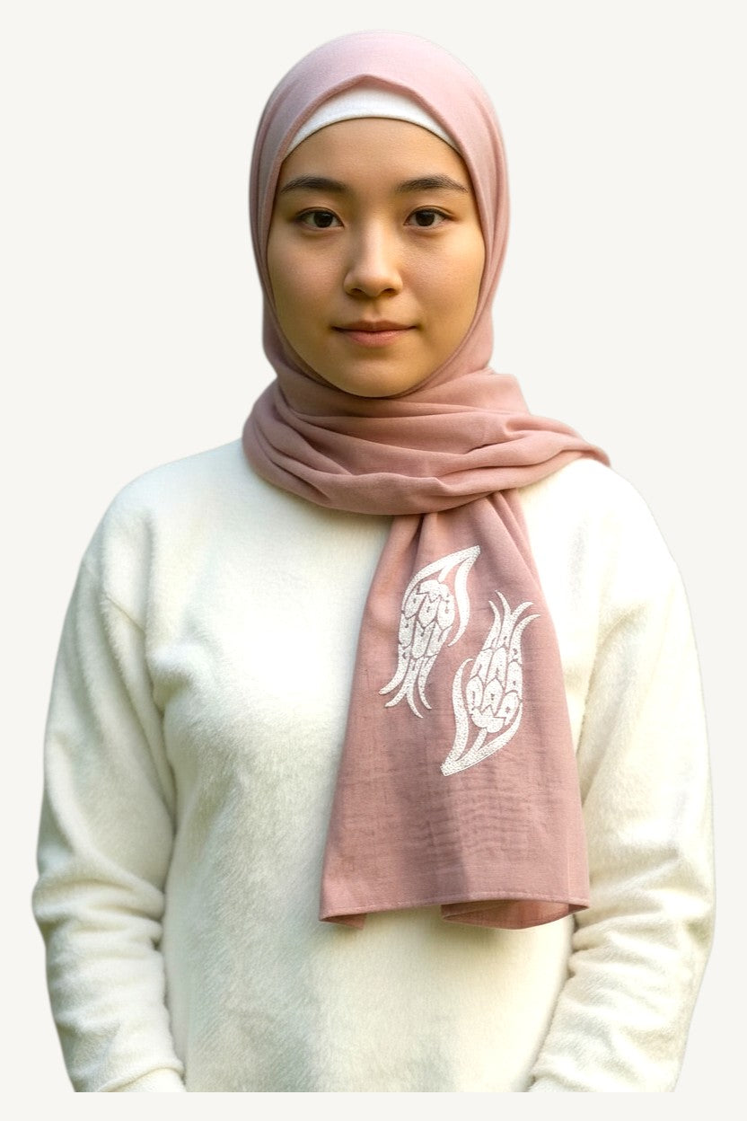 Blush pink hijab with iznik tulip embroidery in double voile fabric