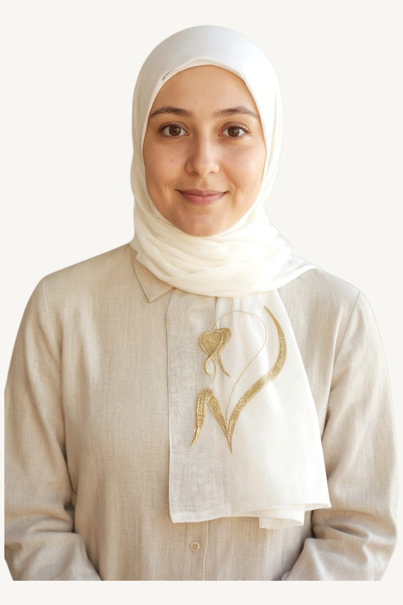 Ivory hijab with golden tulip embroidery in double voile fabric