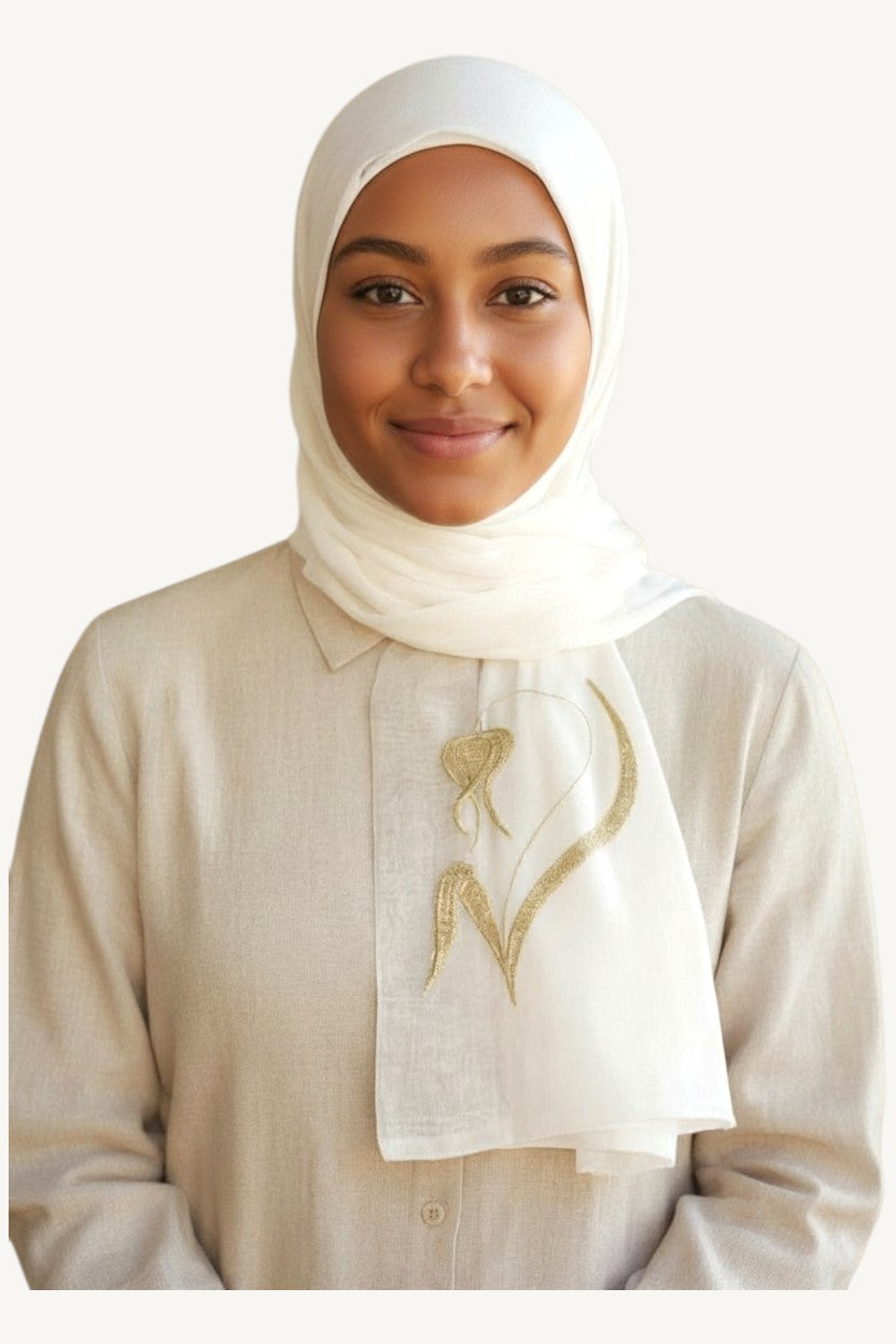 Ivory hijab with golden tulip embroidery in double voile fabric