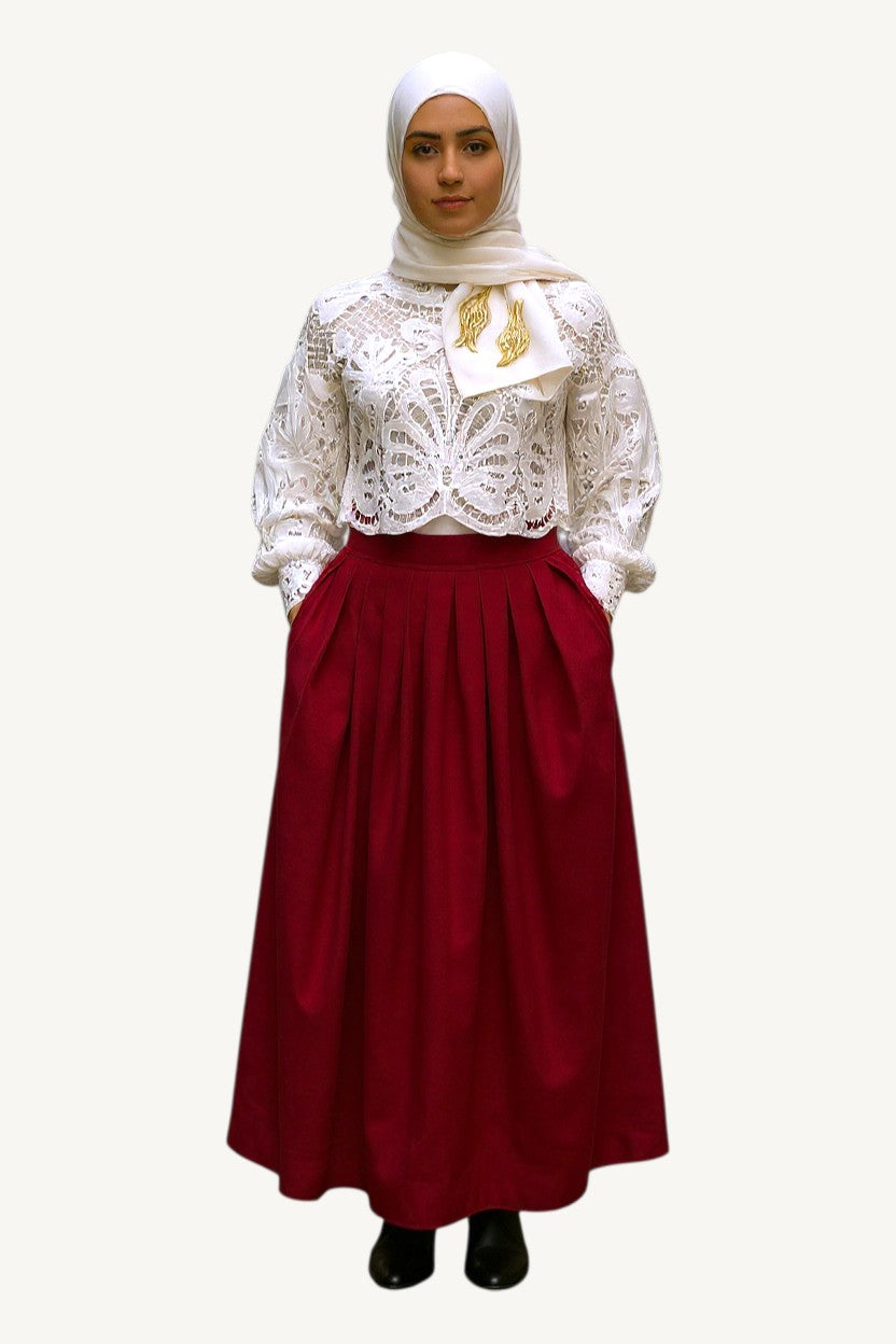 Modest burgundy pleated skirt in cotton and linen blend