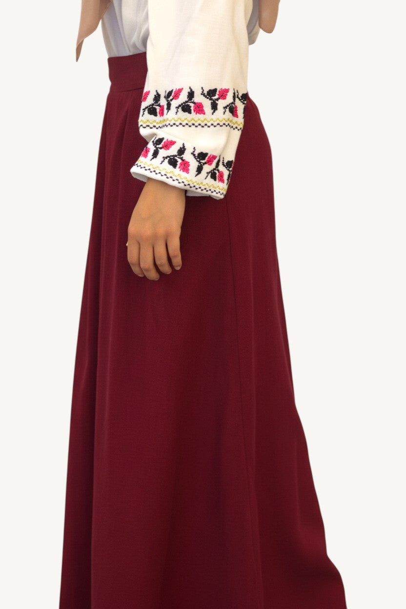 Modest burgundy pleated skirt in cotton and linen blend