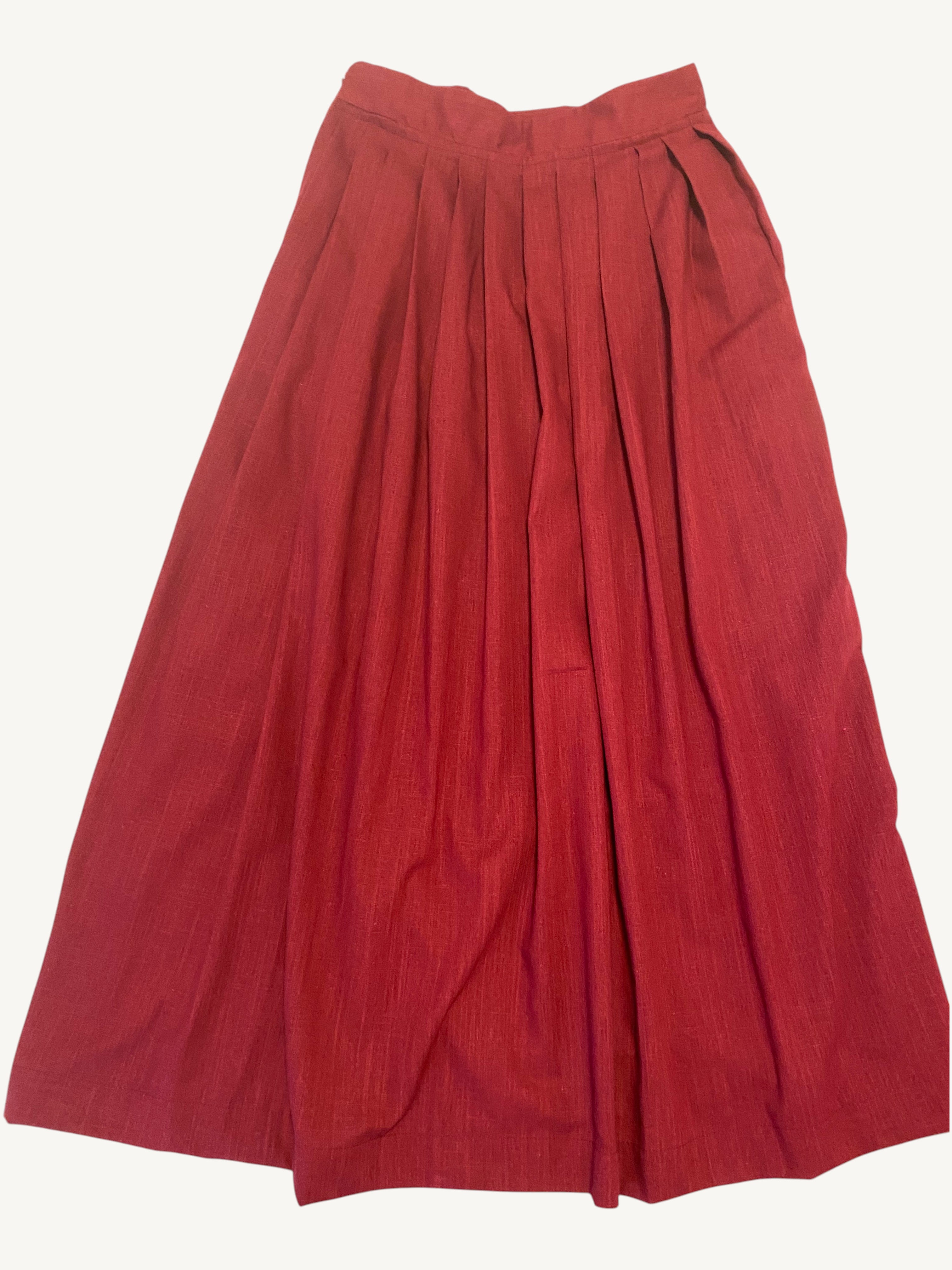Modest burgundy pleated skirt in cotton and linen blend