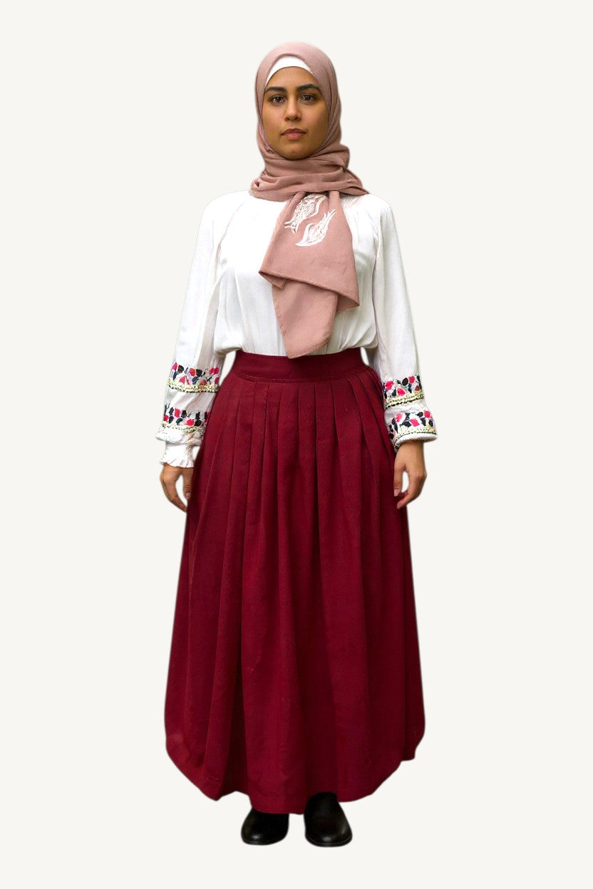Modest burgundy pleated skirt in cotton and linen blend