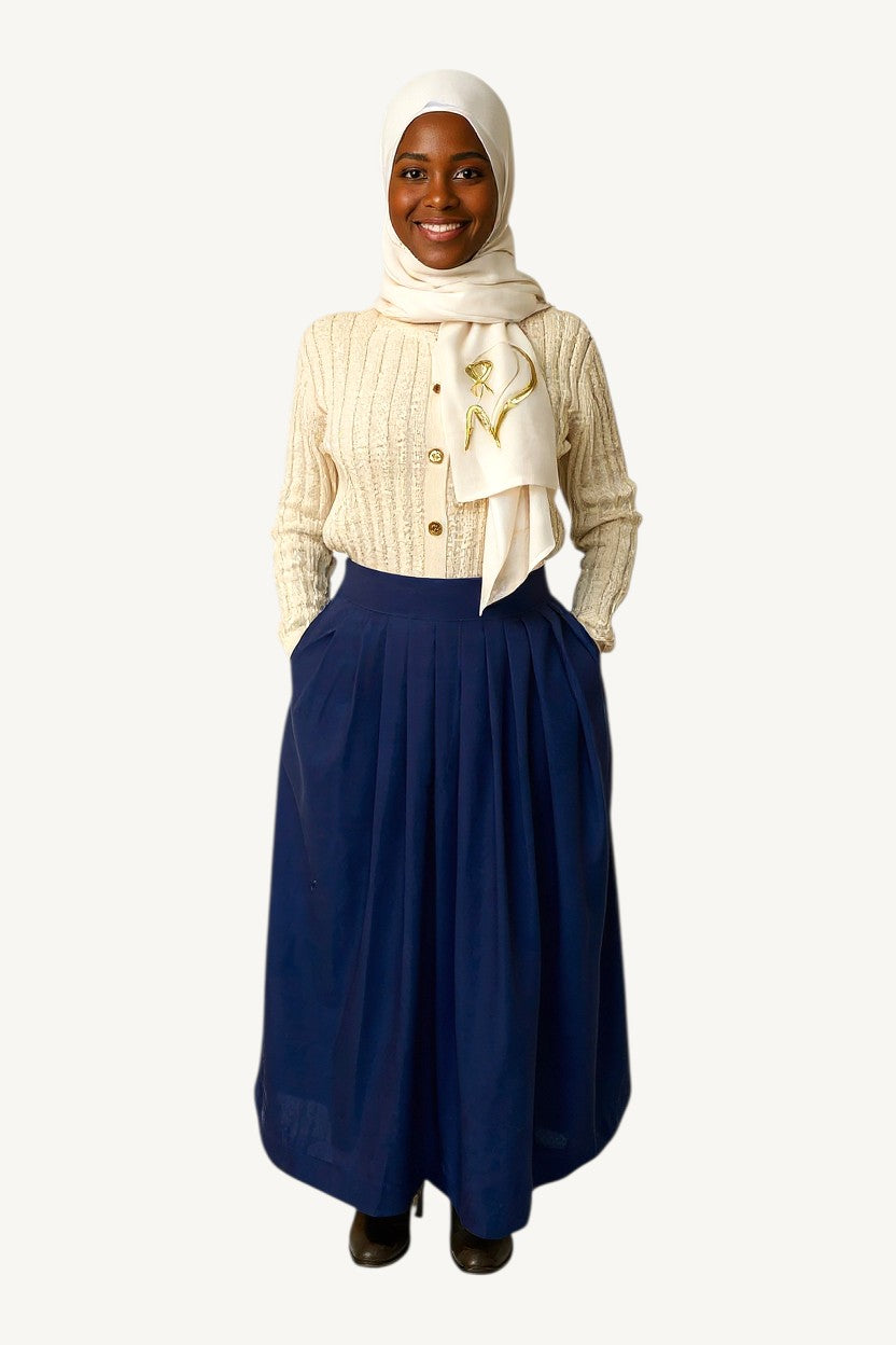 Modest navy pleated skirt in cotton and linen blend