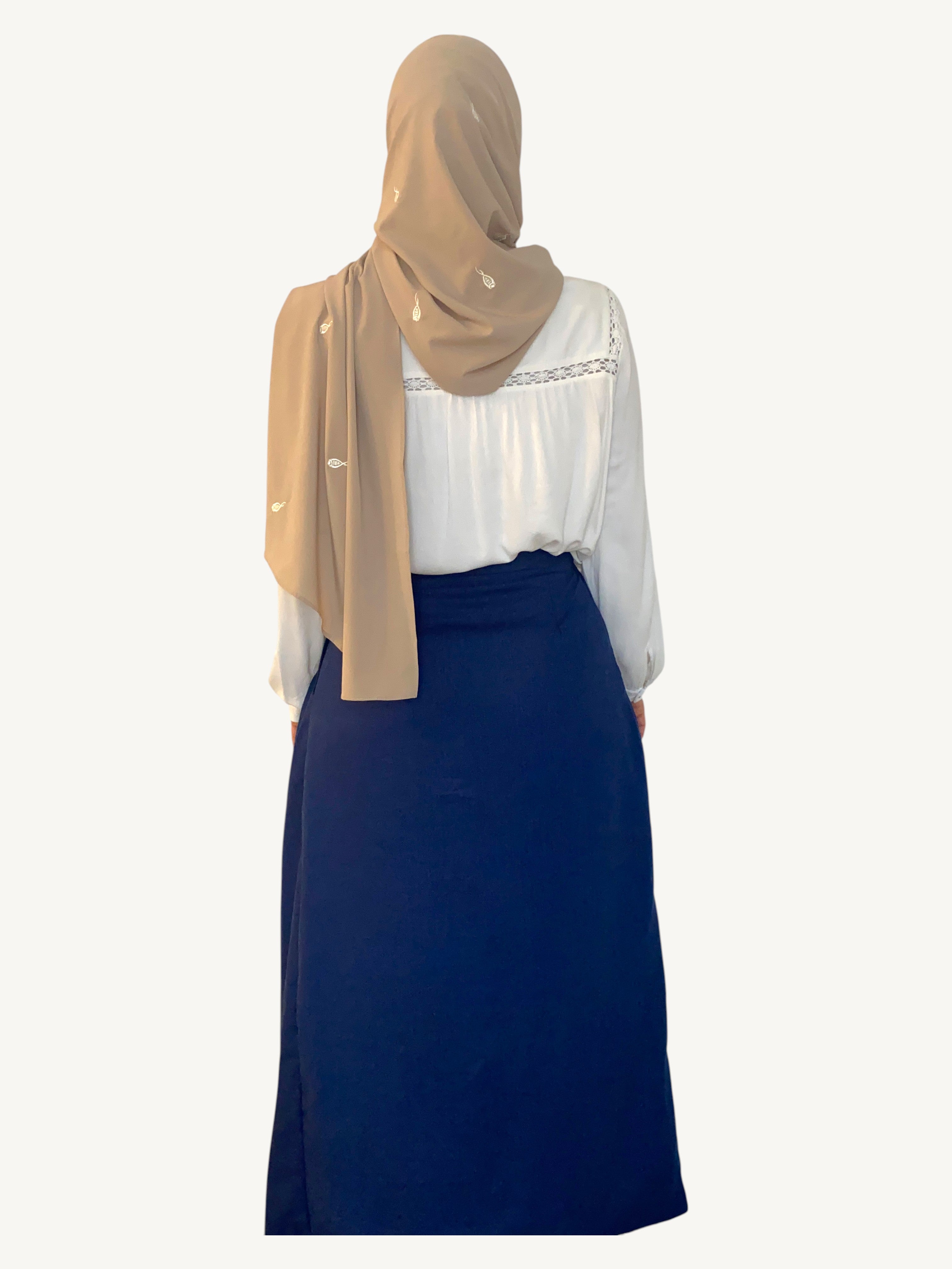 Modest navy pleated skirt in cotton and linen blend
