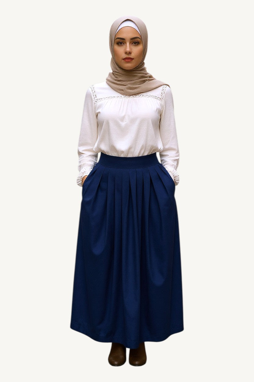 Modest navy pleated skirt in cotton and linen blend
