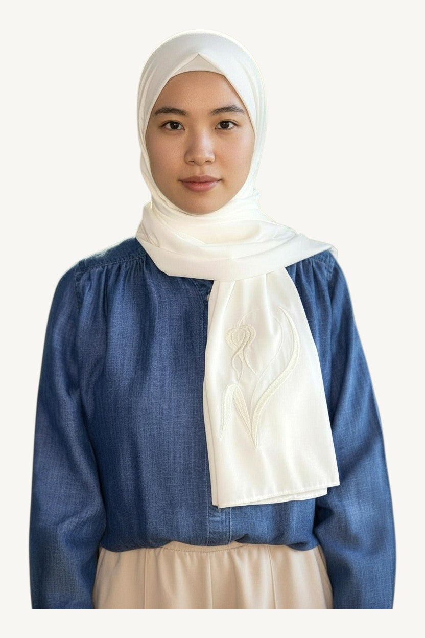 White hijab with humility tulip embroidery in lightweight polyester fabric