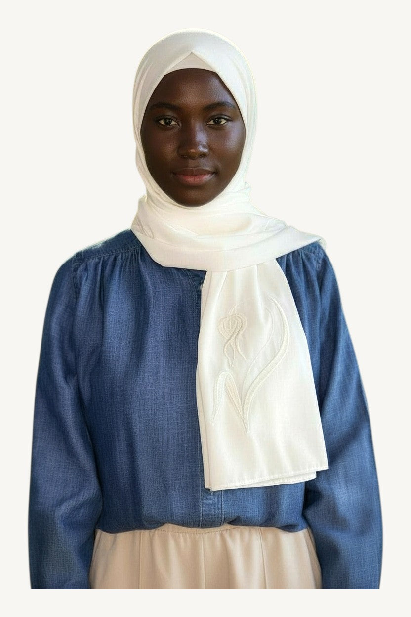 White hijab with humility tulip embroidery in lightweight polyester fabric