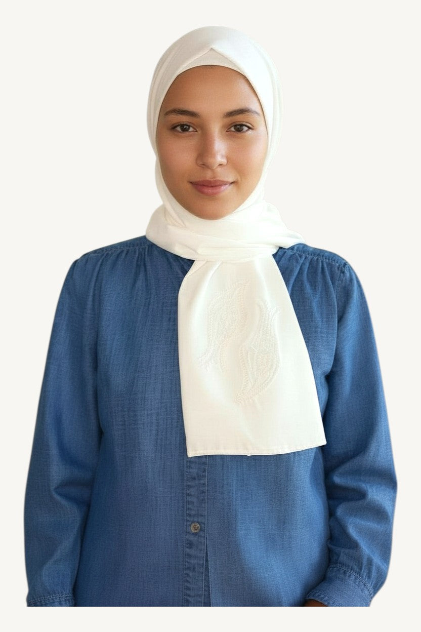 White hijab with iznik tulip embroidery in lightweight polyester fabric