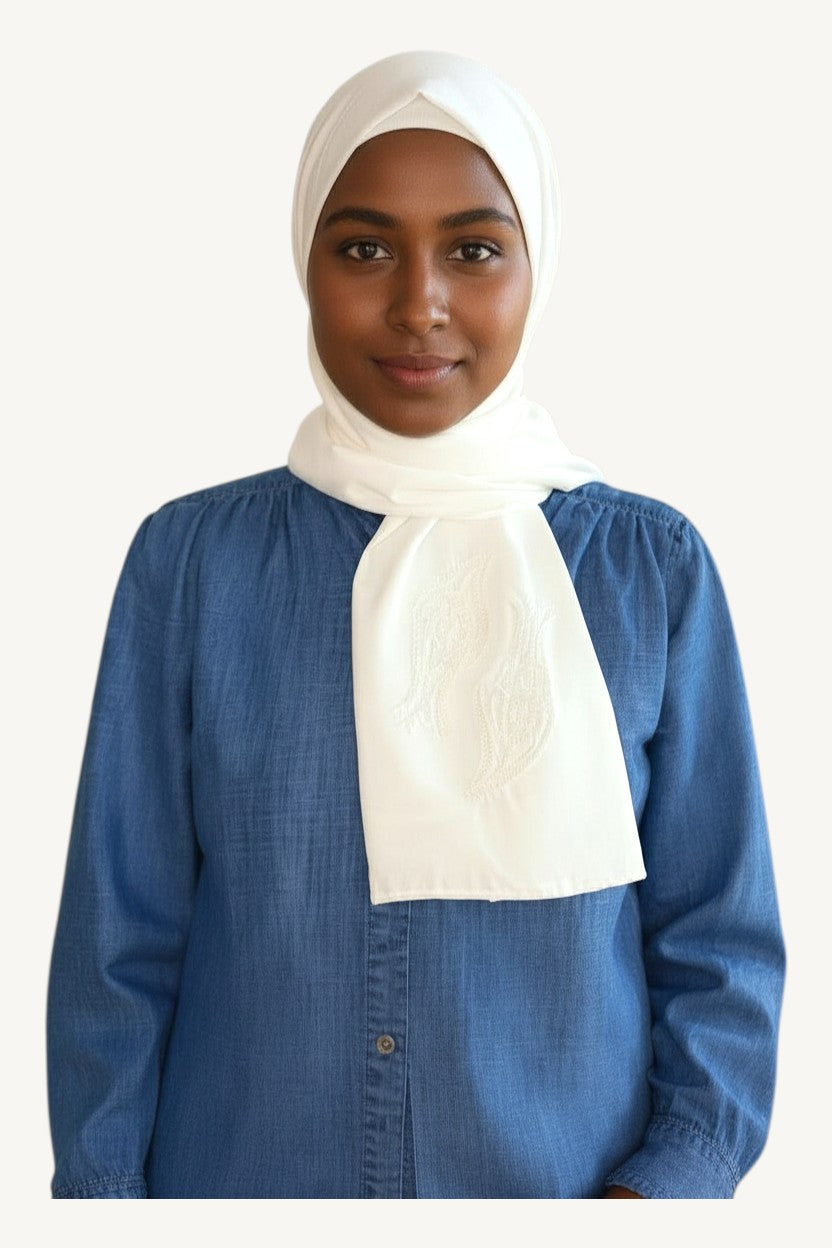 White hijab with iznik tulip embroidery in lightweight polyester fabric
