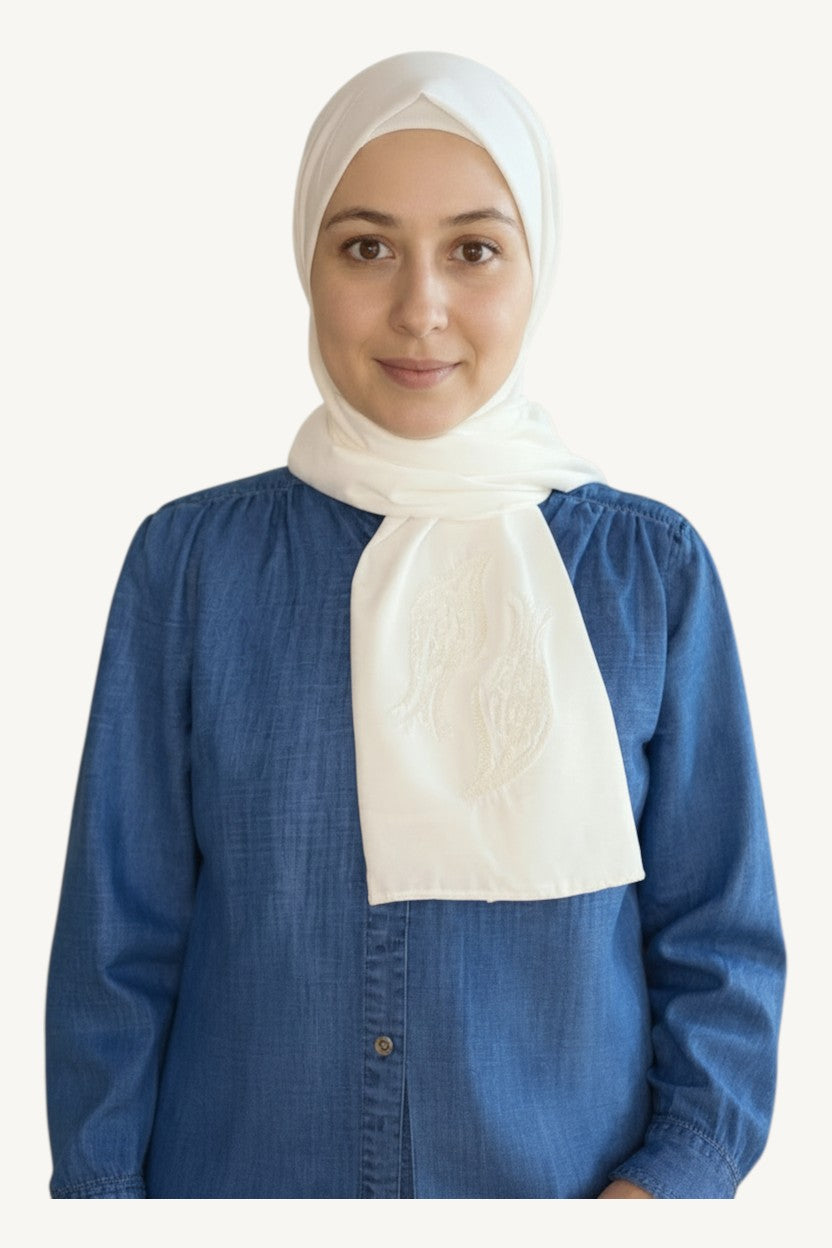 White hijab with iznik tulip embroidery in lightweight polyester fabric